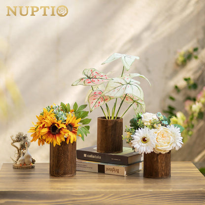 NUPTIO Wood Vases Rustic Centerpiece: 6 Pcs 5.1" Wooden Vase for Home Decor - Brown Small Vase for Wedding Table Living Room Shelf Decor