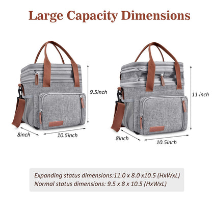 Lunch Box & Lunch Bag for Women Men, Expandable Large Insulated Adult Lunch Bag with Strap, Double Deck Leakproof Lunchbox Durable Cooler Bags for Work Picnic Beach,16L, Gray