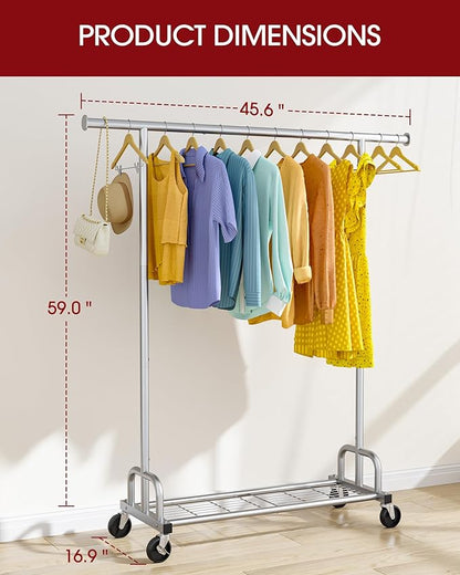 Sakugi Clothes Rack - Large-Capacity Clothing Racks for Hanging Clothes with Lockable Wheels, Space-Saving Metal Coat Rack for Bedroom, Laundry Room, Entryway, 45.6" x 16.9" x 59", Silver