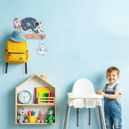 Midrean Wooden Organizer Cute Space Planet Rocket Kids Coat Rack Key Hanger Wall Mount for Coats Hats Towels Bags Hanging Decorative Wood Hook