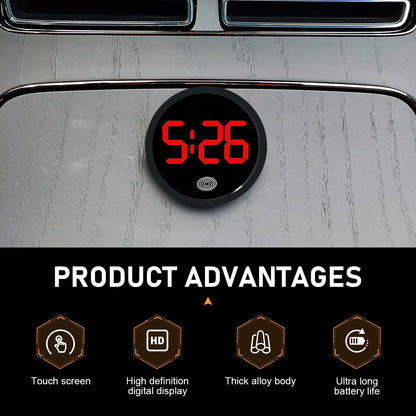 Zehiony Car Digital Clock, Touch Night Light LED Display Screen Clock, Round Shock-Resistant Alloy Dashboard Watch with 12H System, Self-Adhesive Mini Watch for Car & Home & Office (Red)
