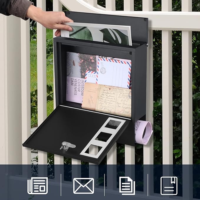 KYODOLED Locking Wall Mount Mailbox for Outside, Key Lock, Black | Heavy-Duty Steel, Large Capacity, Holds Newspapers, Magazines & Envelopes, Weather Resistant, Home & Residential Use