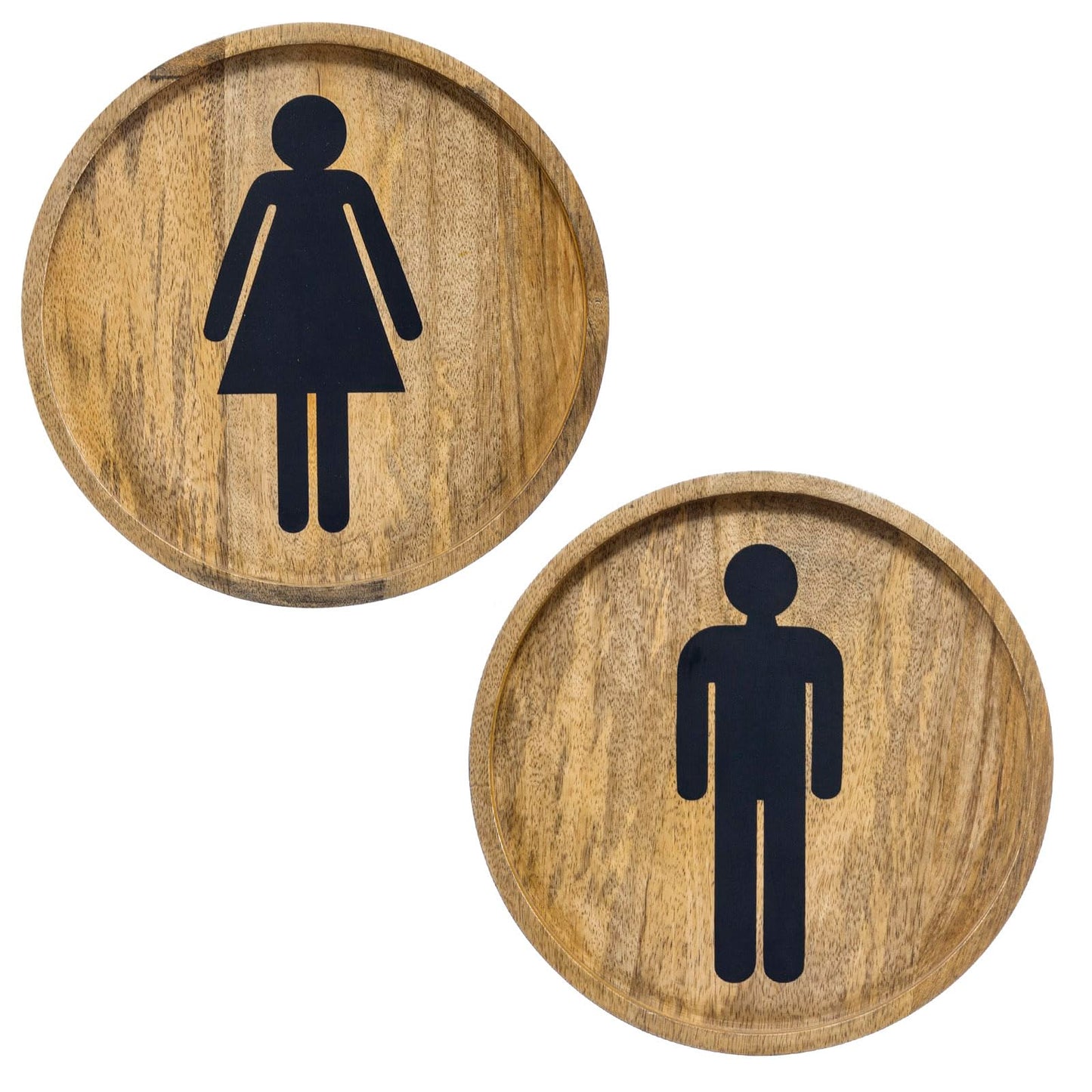 MyGift 10 Inch Round Rustic Solid Mango Wood Wall Hanging Mens and Womens Bathroom Signs with Matte Black Metal Cutout Male Female Gender Symbols, 2 Piece Set - Handcrafted in India