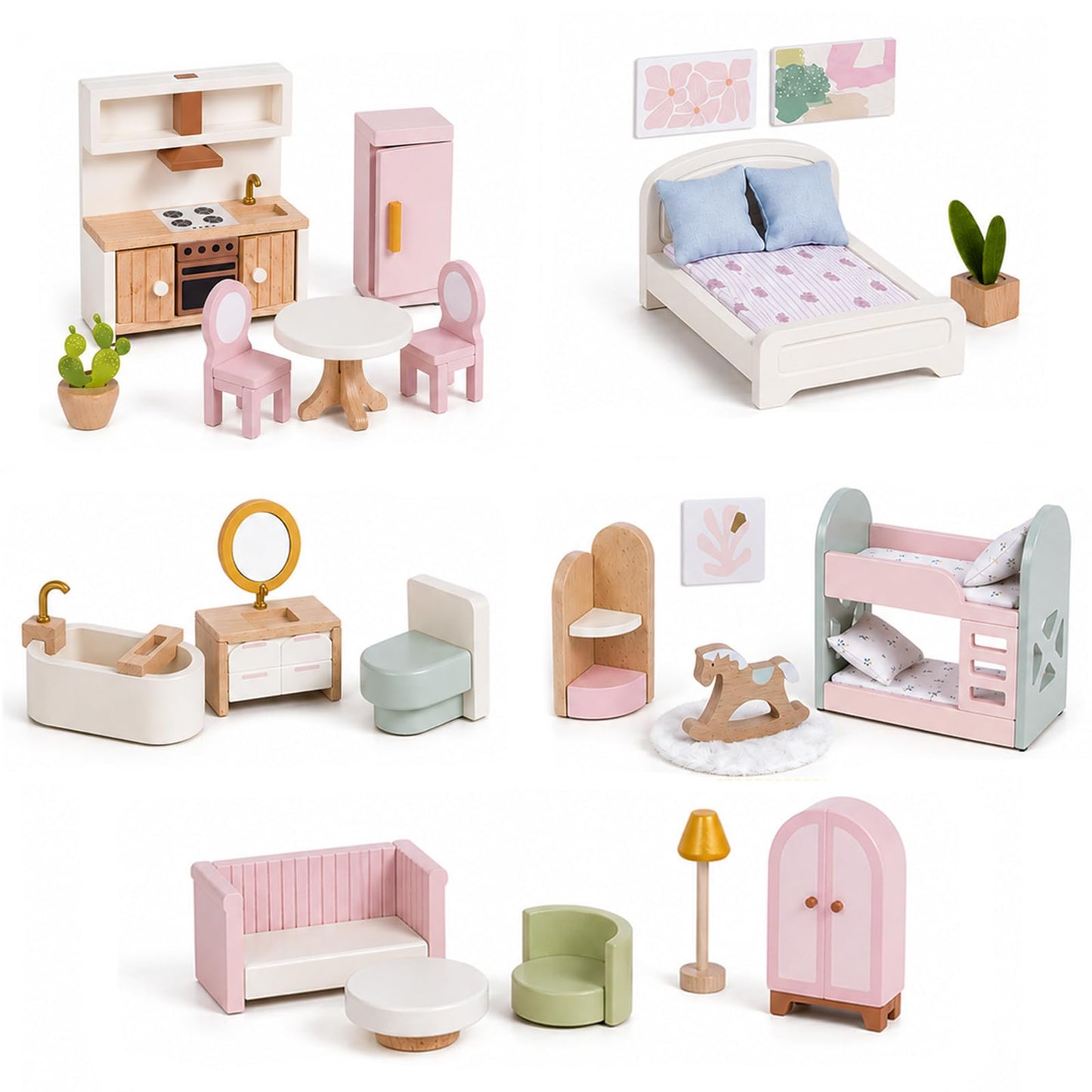 Giant bean 33PCS Wooden Dollhouse Furniture Set for Kids, Modern Pink Doll House Furniture Accessories with Bedroom, Nursery, Kitchen, Bathroom,Living Room, Montessori Pretend Play Toys for Girls 3+
