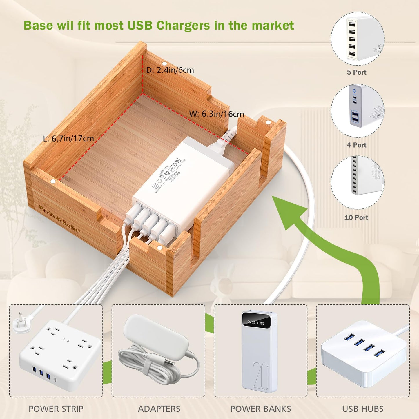 Pezin & Hulin Bamboo Charging Station Holder with 5 Port USB Charger, 5 x Charge Cables, Watch Stand, Wood Docking Stand Electronic Organizer for Multiple Devices, Phones, Tablets and Earpods