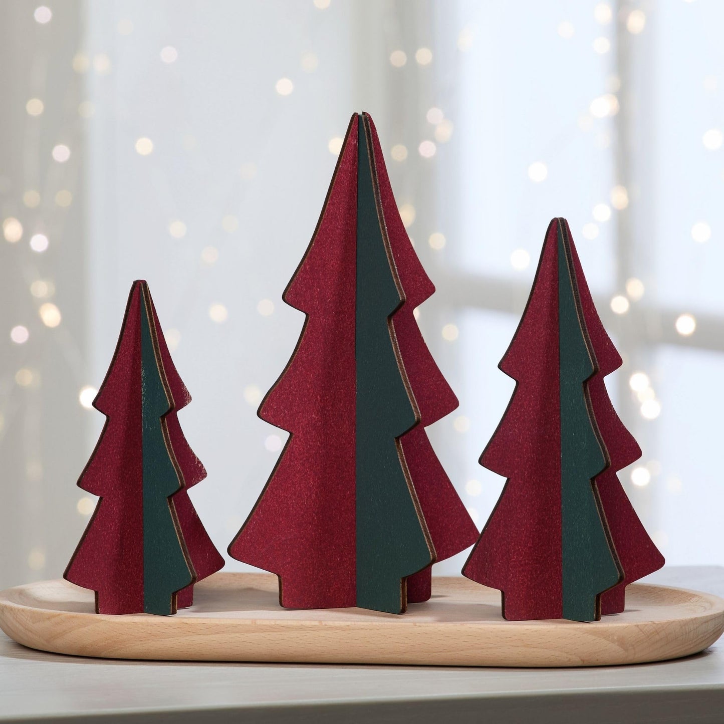 Your Heart's Content Set of 3 Wood Slotted Trees Multi-Colored Wooden Interlocking Trees, Shelf sitters, Valentine Mantel, Winter Tabletop Accent, Festive Table, Handmade (Set 3 Burgundy)