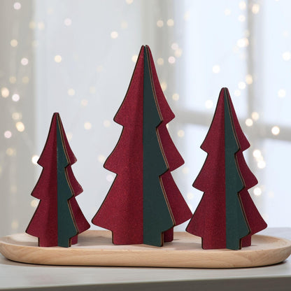 Your Heart's Content Set of 3 Wood Slotted Trees Multi-Colored Wooden Interlocking Trees, Shelf sitters, Valentine Mantel, Winter Tabletop Accent, Festive Table, Handmade (Set 3 Burgundy)