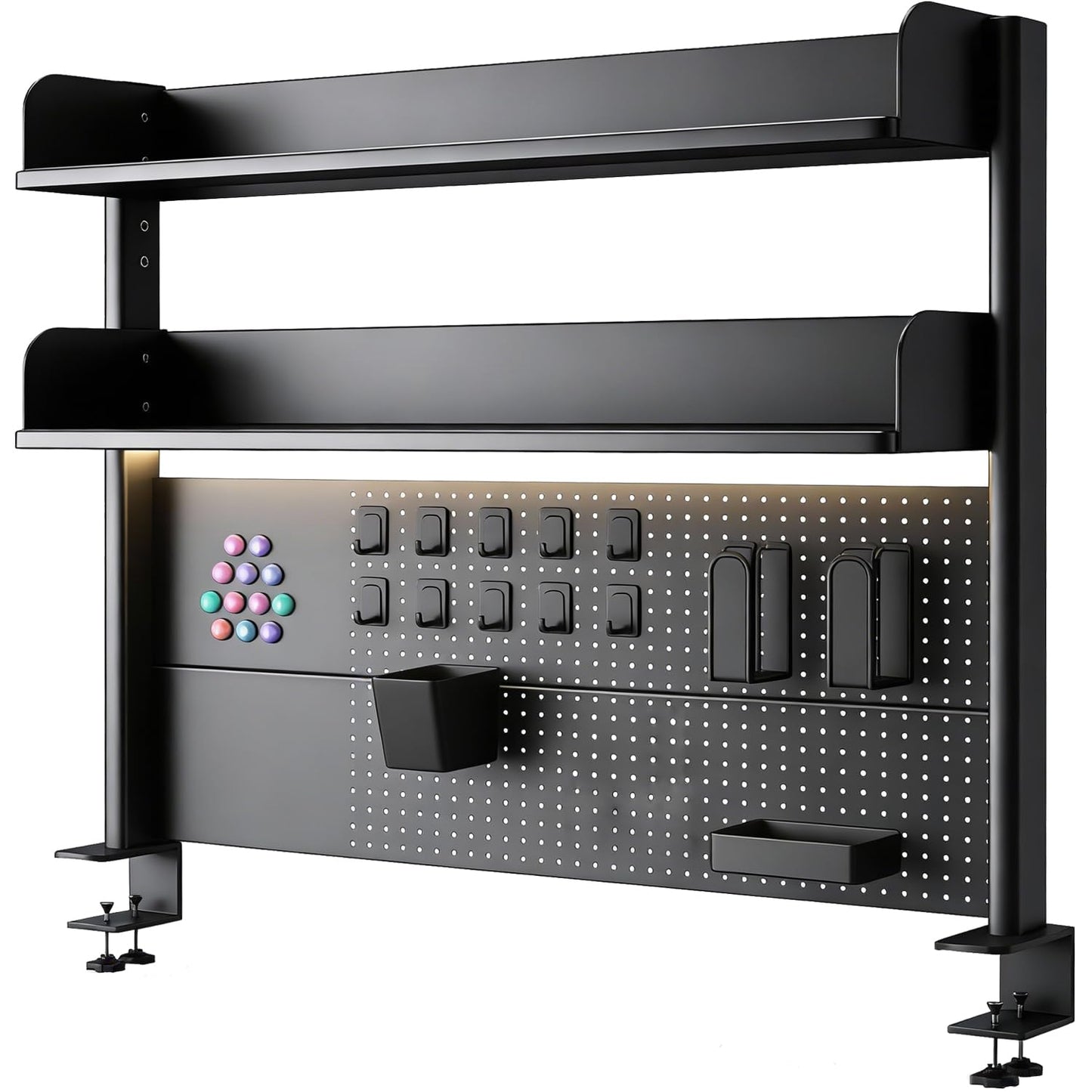 CHSSIH Clamp On Desk Pegboard Shelf - Metal Desktop Organizer Hutch with 2 Shelves for Storage and Display, Desk Add-On Shelf for Office, Dorm, or Computer Monitor Stand, Black, 23.6In