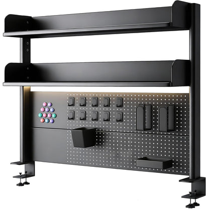 CHSSIH Clamp On Desk Pegboard Shelf - Metal Desktop Organizer Hutch with 2 Shelves for Storage and Display, Desk Add-On Shelf for Office, Dorm, or Computer Monitor Stand, Black, 23.6In