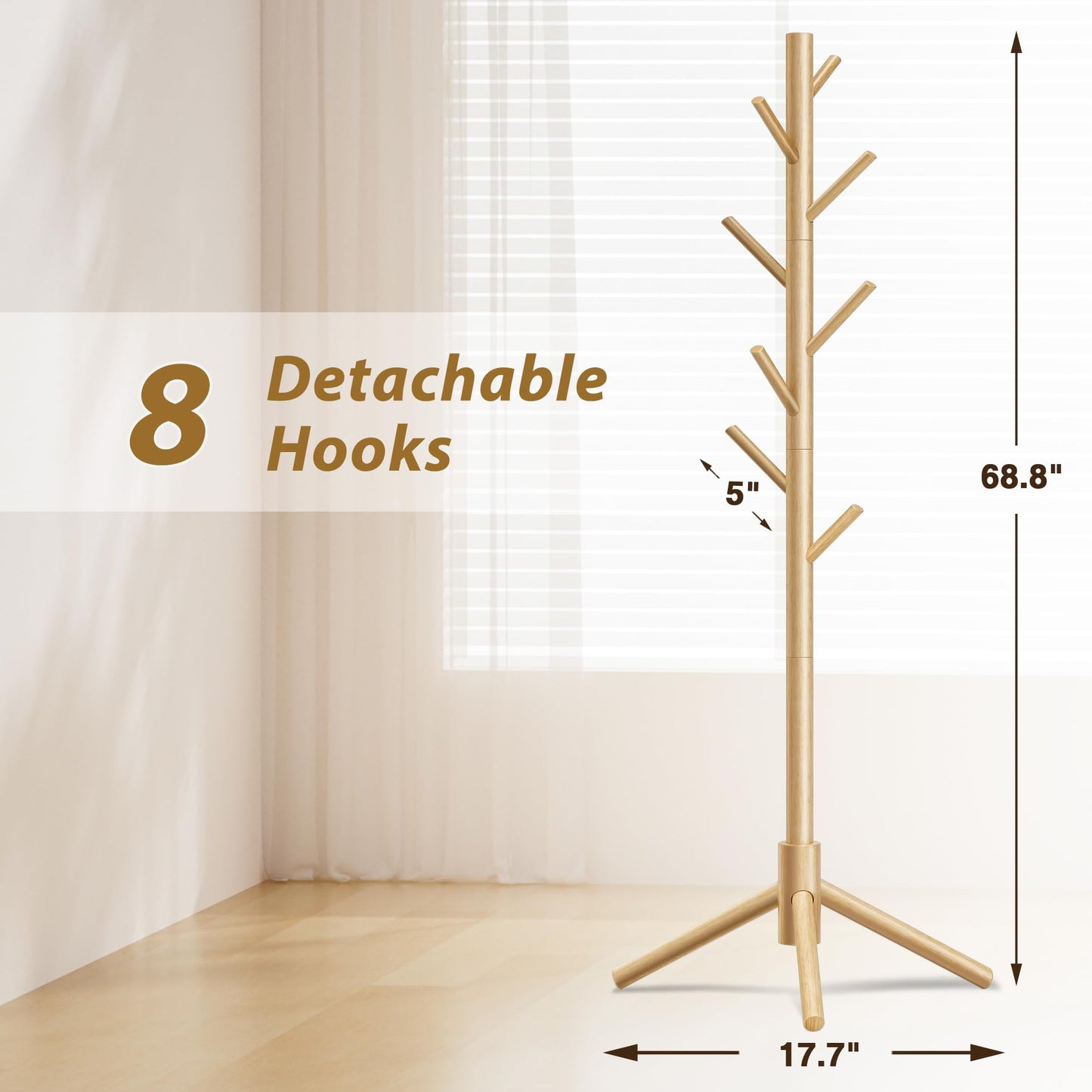 Azaeahom Coat Rack, Coat Racks Freestanding with 8 Hooks 3 Adjustable Heights for Clothes, Hats, Handbags, Coat Tree Easy Assembly for Entryway, Bedroom, Hallway, Office(Nature 2PCS)