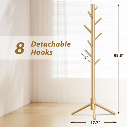 Azaeahom Coat Rack, Coat Racks Freestanding with 8 Hooks 3 Adjustable Heights for Clothes, Hats, Handbags, Coat Tree Easy Assembly for Entryway, Bedroom, Hallway, Office(Nature 2PCS)