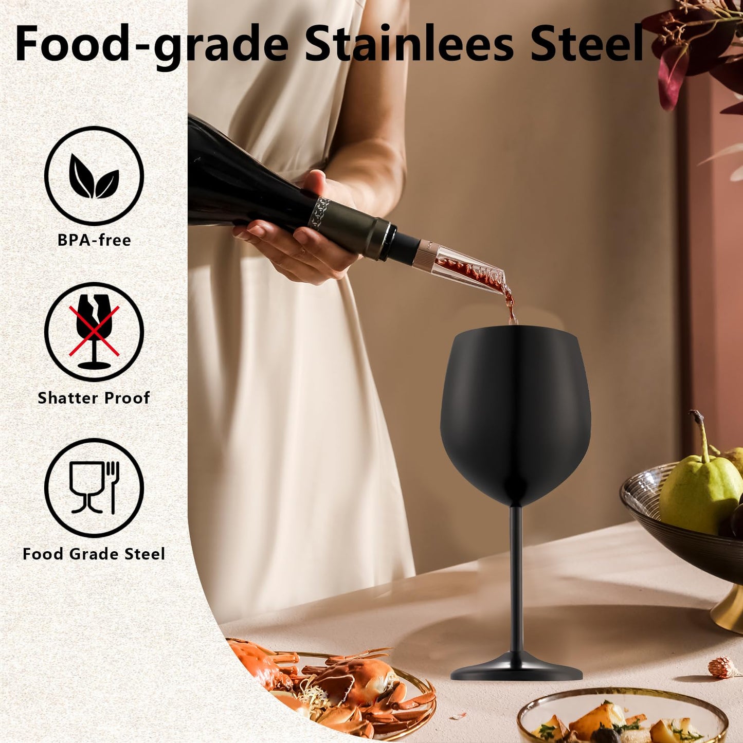 UNISWEET Stainless Steel Wine Glasses Set of 4 Unbreakable Wine Glass 18 oz Unique Metal Wine Goblets for Outdoor, Travel, Camping, Pool, Ideal Gift for Wine Lovers (Matte-Black)