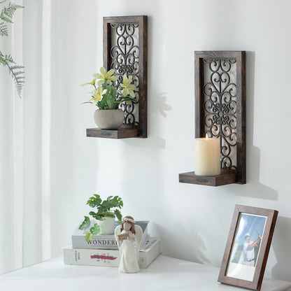 Walasis Farmhouse Wall Candle Holder Decor: Rustic Candle Sconces Set of Two for Pillar Candles - Brown Wooden Shelving for Fireplace Bathroom Hallway