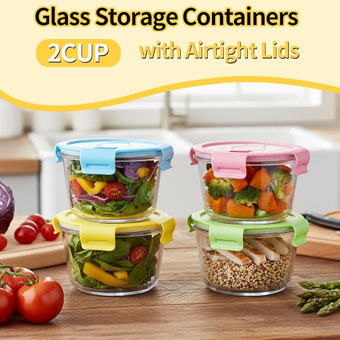 2 Cup Round Glass Soup Container with Lids and Spoons, 16oz Round Food Containers set, BPA-Free Small Borosilicate Glass Meal Prep Bowls for Leftover, Office. Oven, Freezer Safe (4 Pack)