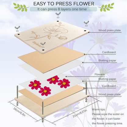 Rhykoka Professional Flower Press, 8 Layers 6.3x8.3 inch (16x21cm) Wooden Flower Press Kit/Flower Pressing for Adults, Great Gift for DIY Flowers Lovers (Wooden)