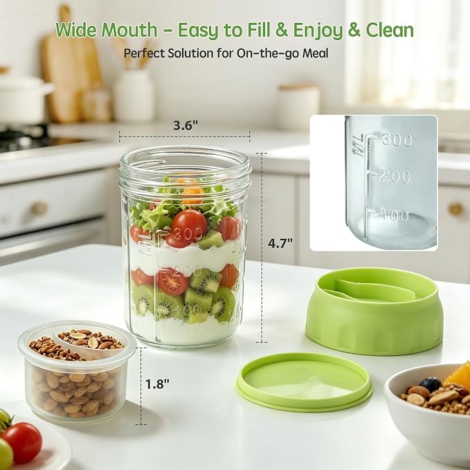 Overnight Oats Containers with Lids & Spoon 4 Pack 16oz, Leak-Proof Glass Over night Oat Jars with Divided Compartments for Fruit & Nuts, Meal Prep Mason Jars for Oatmeal Yogurt Chia Seed Pudding