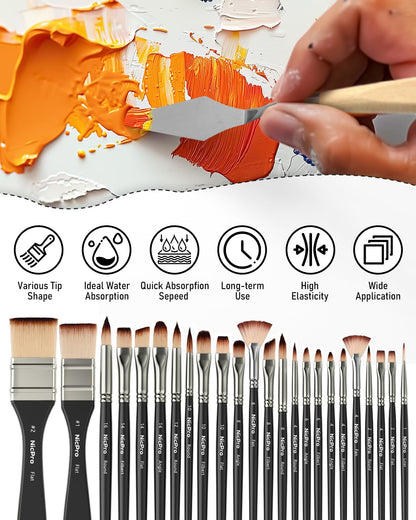 Nicpro 26pcs Paint Brush Set, Professional Paintbrushes with Palette Knife, Craft Paint Brushes for Acrylic Painting, Oil, Watercolor, Gouache & Canvas, Drawing & Art Supplies for Adults, Artists Gift