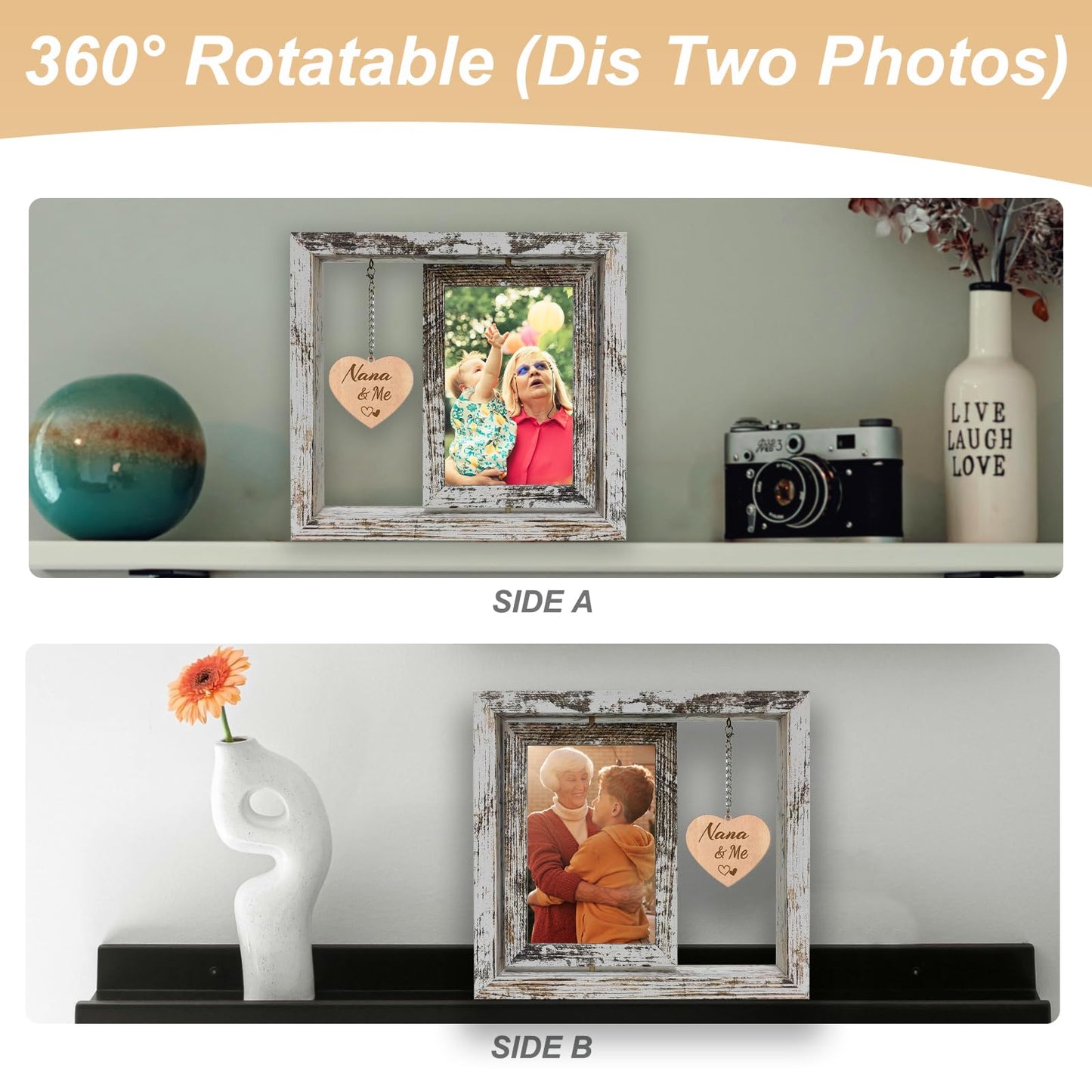 soruney Nana Picture Frame 4x6 Rotating Double Sided Wooden Photo Frame - Nana Gifts from Grandkids for Mother's Day Christmas, Rustic Frame with Nana & Me Charm