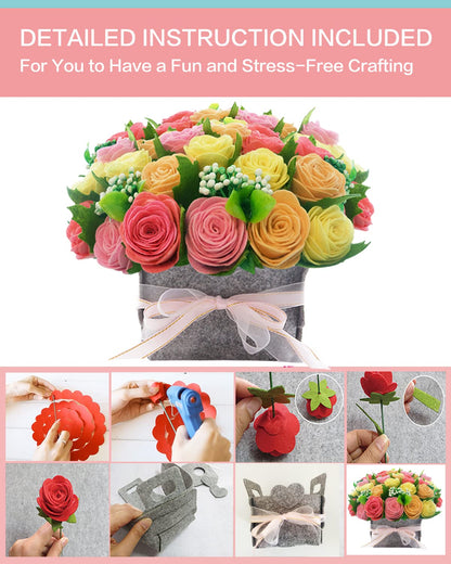 DIY Felt Flower Art Craft Kit, DIY Rose Pot Bonsai Kit, Beginner Floral Gifts - Arrange Pre-Cut Flowers and Foliage - Red, Pink, Yellow