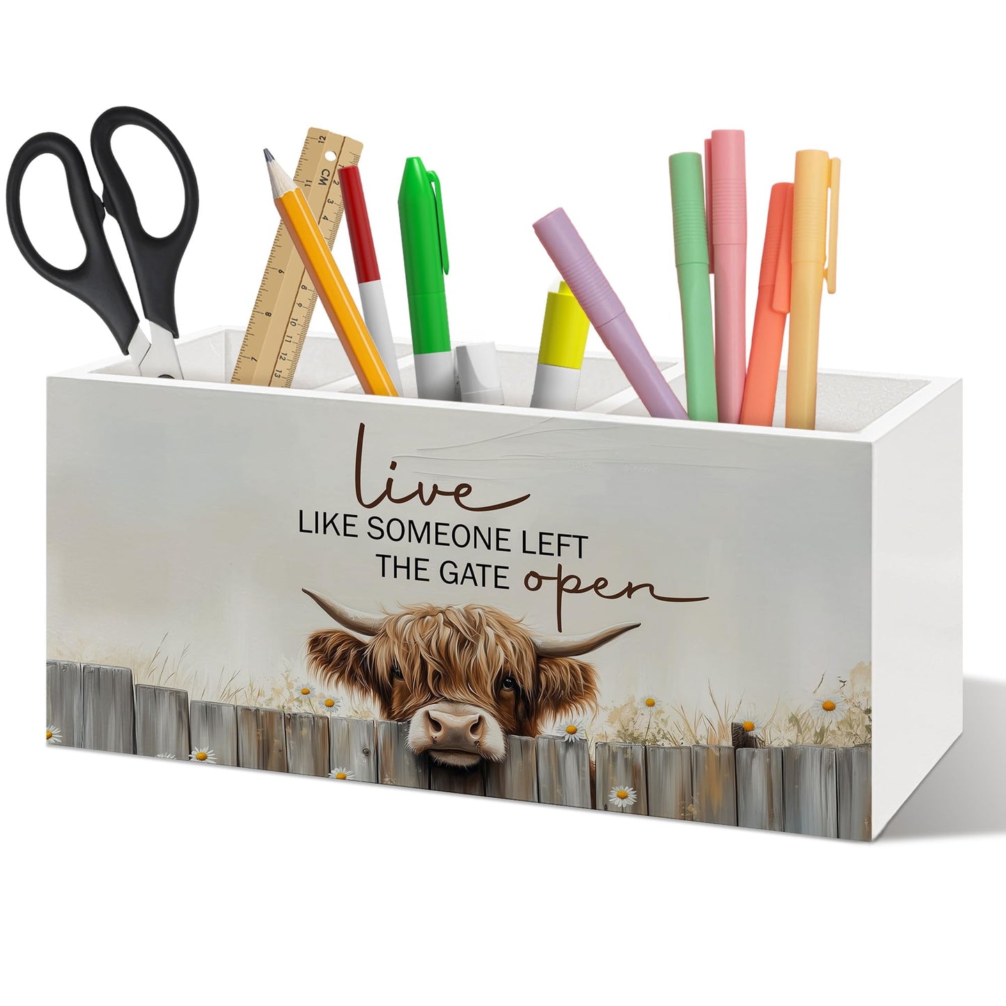 ANIANG Farmhouse Highland Cow Pen Holder Organizer Desk Decor, Highland Cow Gifts for Women, Live Like Someone Left the Gate Open Wooden Pen Pencil Holders for Home Office Desk Accessories
