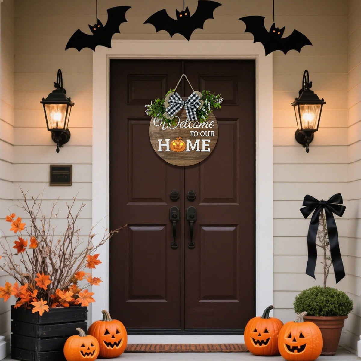 VPDTVK Interchangeable Seasonal Welcome Sign Front Door Decoration, Rustic Round Wood Wreaths Wall Hanging Outdoor Decor for Spring Summer Autumn and Winter All Seasons Holiday Halloween Christmas