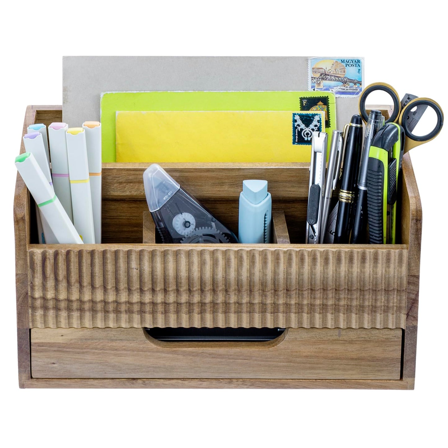 MyGift Premium Acacia Solid Wood Desk Organizer with Mail Sorter, 3 Pencil Cup Compartments & Bottom Storage Drawer, Office Supplies Organizer for Desk or Home Office