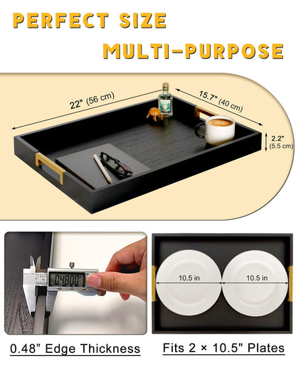 OurMiao 22" x 15.75" Black Wooden Serving Tray with Golden Metal Handles, Large Rectangular Wood Ottoman Tray for Living Room, Coffee Station, Ottoman Table