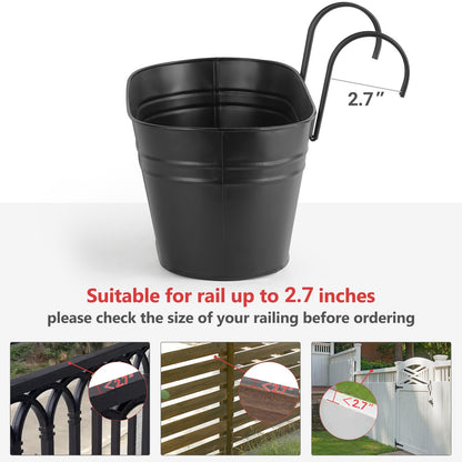 Dahey 4 Pcs Metal Hanging Flower Pots for Railing Fence Outdoor Planter 15.7 Inch Hanging Bucket Pots Countryside Window Flower Plant Holder with Detachable Hooks for Garden Yard Home Decor,Black