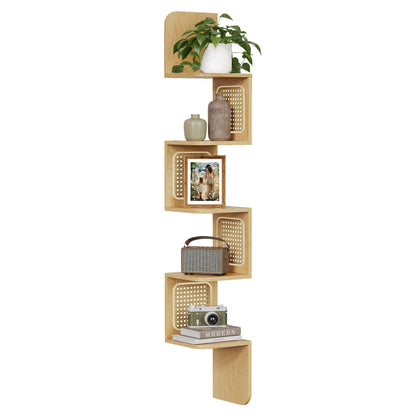 VASAGLE 5-Tier Corner Shelf, Wall Mounted Floating Shelf, Zigzag Corner Shelf Unit, PVC Rattan Sides, Space-Saving, for Kitchen, Living Room, Bedroom, Boho Style, Oak Beige ULLS582YC01S