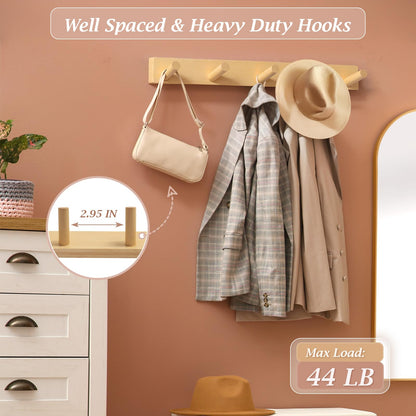 HOMEBROS Coat Rack Wall Mount, Wooden Coat Hanger with 5 Hooks, Heavy Duty, Natural, 1 Pcs