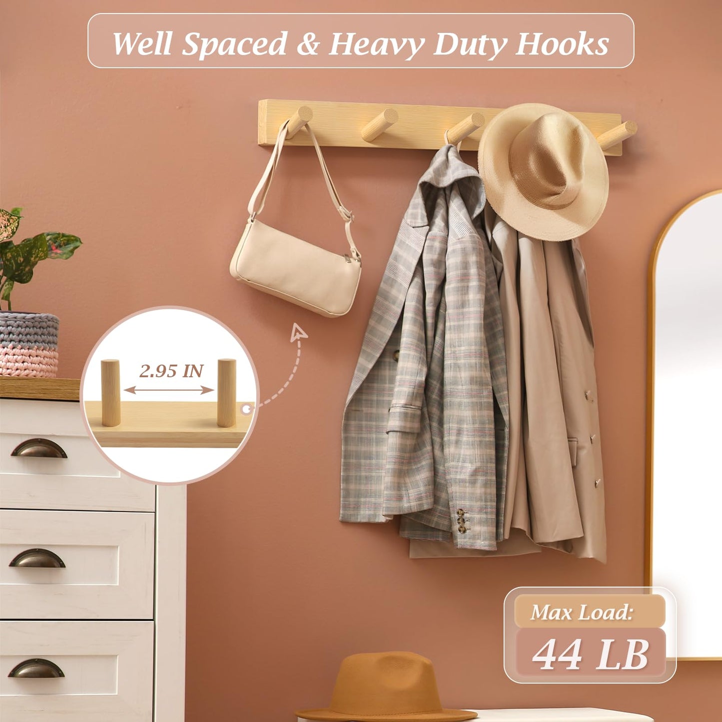 HOMEBROS Coat Rack Wall Mount, Wooden Coat Hanger with 5 Hooks, Heavy Duty, Natural, 2 Pcs
