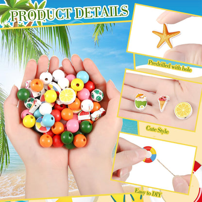 Ripeng 200 Pieces Summer Wood Beads Colored Wooden Beads Tropical Craft with Flamingo Palm Leaves Beach Hawaii Summer Bulk for DIY Garland Making