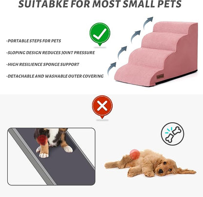 4-Step Dog Stairs for Bed or Couch, Pink Pet Ramp for Small Dogs, Cats | Aodisman Elegant Pink Dog Ramp Designed for Dogs and Cats, Ideal for Beds and Couches, Providing Comfortable Access, 17.7" H