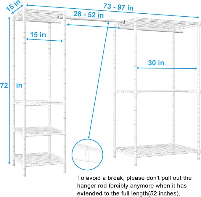 Ulif E10 Clothes Rack（With Stretchable Hanger Rod）Freestanding Clothing Racks for Hanging Clothes，Adjustable Closet Organizer System，Portable Garment Rack 73-97"W x 15" D x 72" H，Max Load 800LBS，White