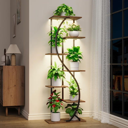 MJOMKN 59" Tall Plant Stand with Grow Light Indoor, 7 Tiered Metal Plant Shelf, S-Shaped Flower Display Stand, Corner Storage Shelf for Living Room, Patio, Balcony Decor