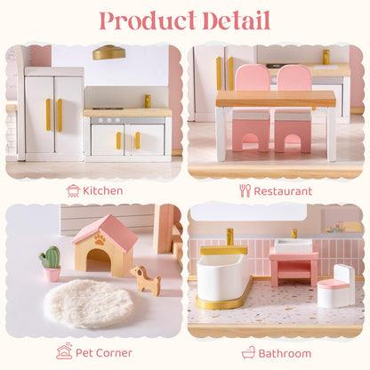 ROBOTIME Wooden Dollhouse Furniture Set, 28 PCS Miniature Dollhouse Furniture with 6 Room Kits, Dollhouse Accessories and Pretend Play Furniture, Gift for Boys and Girls Ages 3+