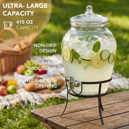 Style Setter Beverage Dispenser Cold Drink Dispenser Glass Jug, Metal Stand & Leak-Proof Acrylic Spigot Great for Parties, Weddings & More (With Metal Rack)