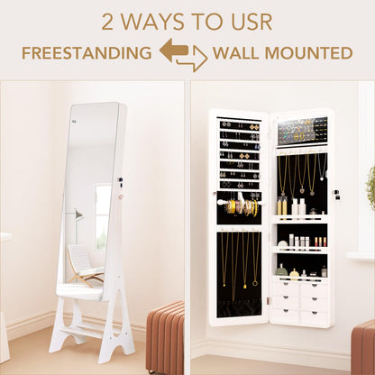 MASMIRE Mirror Jewelry Cabinet Standing, Full Length Mirror Jewelry Armoire Jewelry Organizer Lockable Jewelry Storage for Women Girl Full-Length Frameless LED Lights 6 Drawers Lockable White