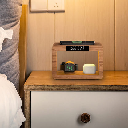 Bamboo Wireless Charging Station, Night Light with Digital Alarm Clock, Nightstand Charging Station for Apple Devices, Fast Wireless Charger for iPhone/Apple Watch/AirPods Pro
