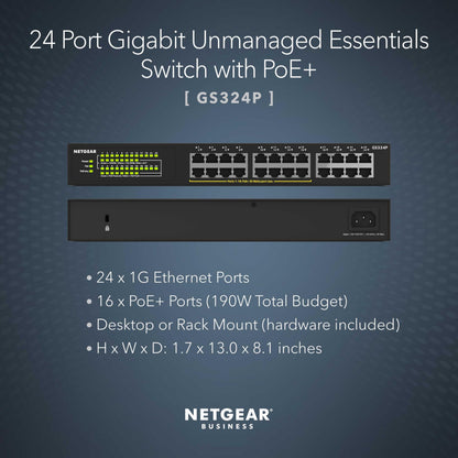NETGEAR 24 Port PoE Switch Unmanaged – 24 Port PoE Gigabit Switch with 16 PoE+ Ports (190W), Desktop or Rackmount (GS324P)