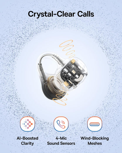 Baseus Bass BC1 Open Ear Earbuds Clip-On Headphones, Open-Ring Comfort with Tri-Curve Snug Clip, Powerful Sound with SuperBass, 4-Mic Clear Calls, IP55 Waterproof, 38H Playtime, Lightweight