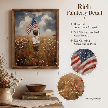 America the Beautiful Painting-11x14 Unframed Poster- Boy Holding American Flag in Meadow of Wildflowers, 4th of July Living Room or Kids Room Decor, USA Freedom Landscape, Youthful Patriotism Artwork