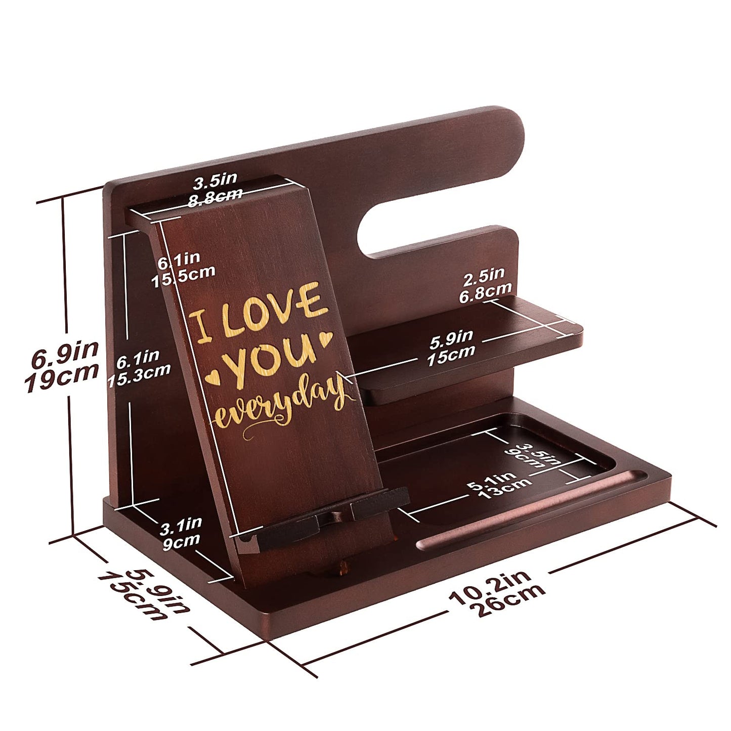 Personalized Wood Phone Docking Station for Husband Boyfriend - I Love You Everyday - Key Holder Wallet Stand Watch Organizer Men Gift Anniversary Birthday Christmas Nightstand Male Travel Gadgets