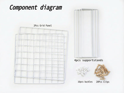 JAJAGOU Foldable Double-sided Desktop Photo Display Rack & Grid Display Board With 20 Wooden Clips – Photo & Accessory Organizer For Home Office White