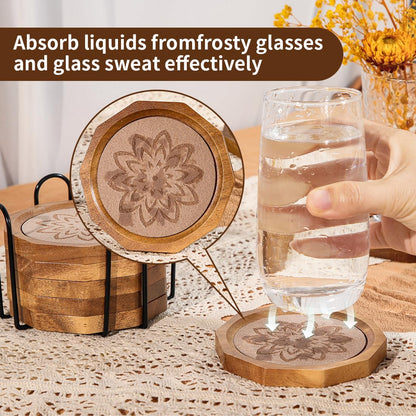 Wood Coasters for Drinks Absorbent with Lip, 4.3 Inch Acacia Wood Camel Felt Coaster with Holder for Wooden Coffee Table for Cups, Mugs, and Glasses - Set of 6