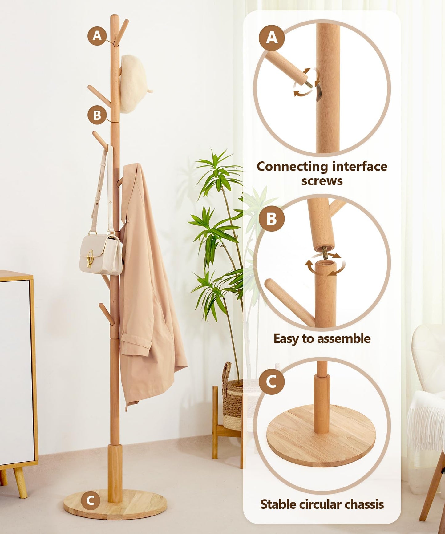 Cozivolife Standing Coat Rack,Wooden Coat Rack Stand with 9 Hooks and 3 Height Adjustable,Beech Wood Tree Coat for Bedroom,Office,Entryway (Bamboo)