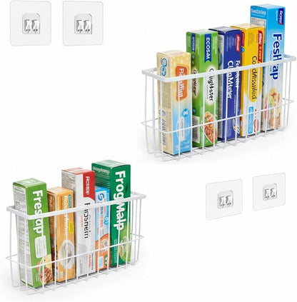 2 Pack Aluminum Foil and Plastic Wrap Organizer,Wall Mounted Cabinet Door Organizer,Kitchen Pantry Organizers and Storage,Wrapping Paper Shelf for Sandwich, Freezer, Ziplock Bag, White