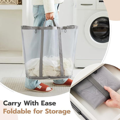 Mesh Laundry bag with Handles, 42L Collapsible Laundry Basket with 2 Hooks