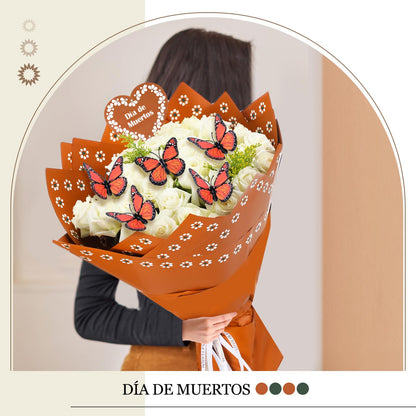 Fullhawl 20 Sheet Mexican Bouquet Floral Wrapping Paper with 10 Monarch Butterflies Waterproof Wrap for Mother's Day Wedding Birthday Baby Shower & Cinco de Mayo Party Gift Flower DIY Packaging