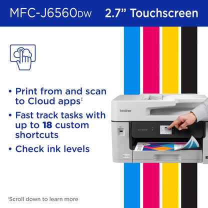 Brother INKvestment 6560 Wireless Color Inkjet All-in-One Printer with 11”x17” Capabilities and 2.7” Color Touchscreen | Includes Refresh Subscription Trial(1) (MFC-J6560DW)